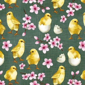 Watercolor Chicks / Olive Green Linen Texture Background 