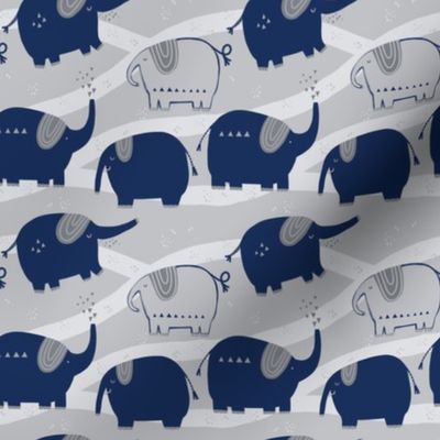 Elephant March in Blue and Gray