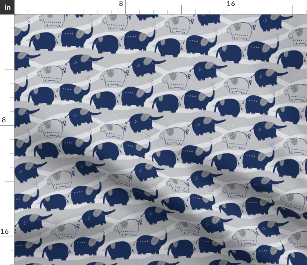 Elephant March in Blue and Gray