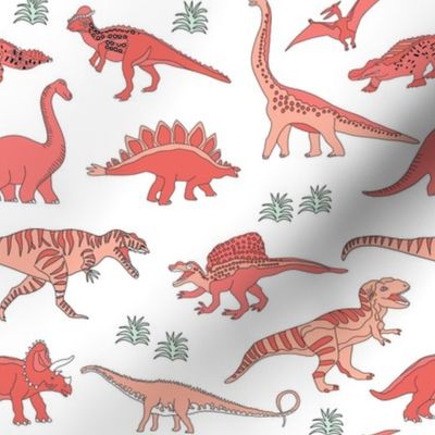 dinoworld girl dinosaurs fabric - girly dinosaur fabric, girls dinosaur fabric  - coral