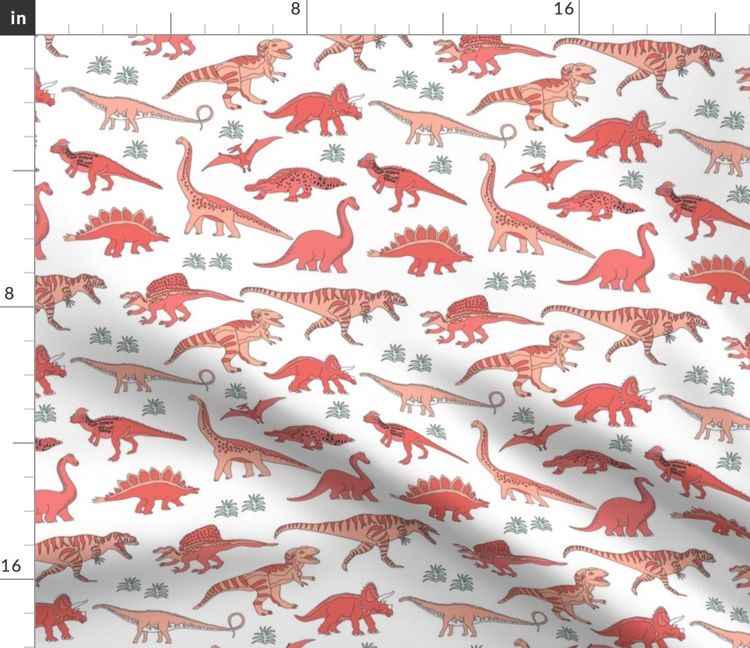 dinoworld girl dinosaurs fabric - girly dinosaur fabric, girls dinosaur fabric  - coral