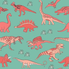 dinoworld girl dinosaurs fabric - girly dinosaur fabric, girls dinosaur fabric  salmon