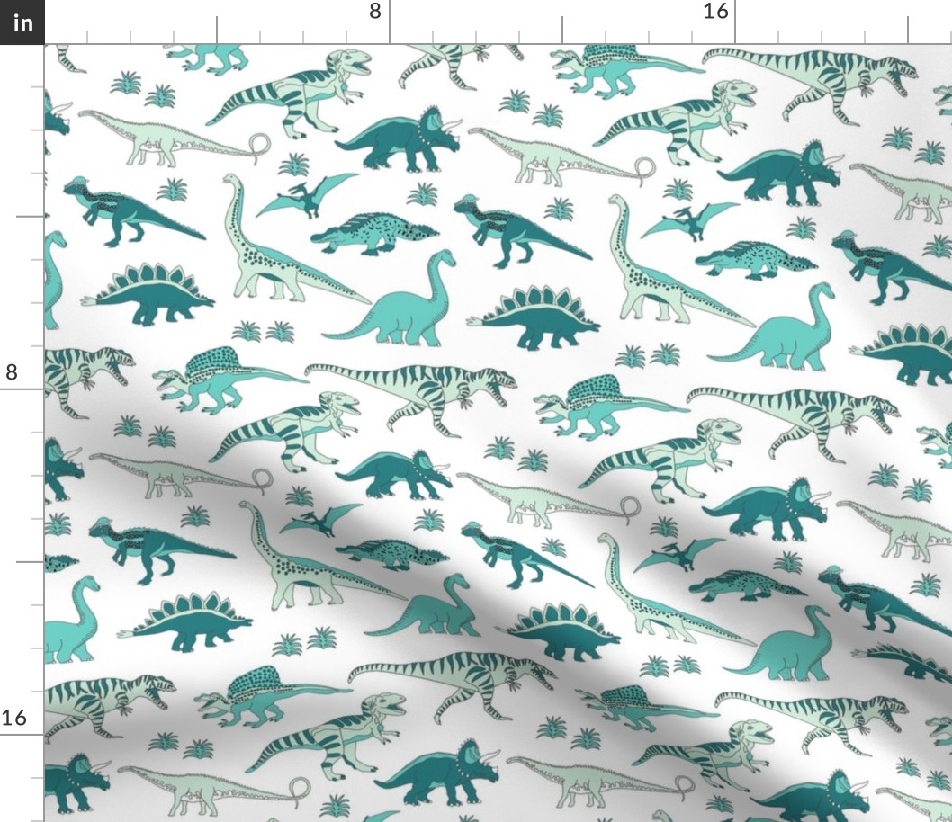 dinoworld girl dinosaurs fabric - girly dinosaur fabric, girls dinosaur fabric - mint