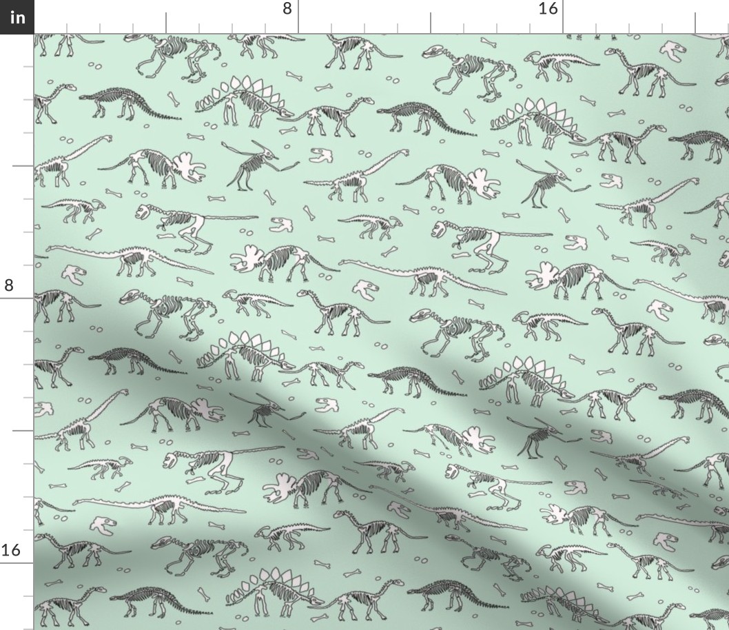 dinoworld brights fabric - dinosaur skeleton fabric, dino fabric, dinosaur girls fabric, girly dinosaur fabric - light mint