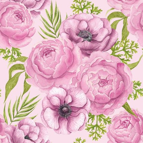 Peony and anemone flowers watercolor