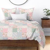 Sweet Bear & Bunny Floral Patchwork Quilt – Baby Girl Cheater Quilt, Pink Sage Silver, Style B