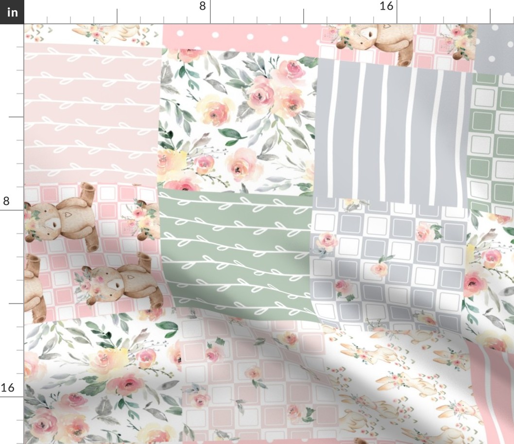 Sweet Bear & Bunny Floral Patchwork Quilt – Baby Girl Cheater Quilt, Pink Sage Silver, Style B ROTATED