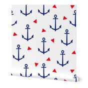 SMALL - anchor fabric coral nautical fabric design - coral and navy triangles