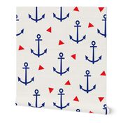 SMALL - anchor fabric coral nautical fabric design - coral and navy triangles