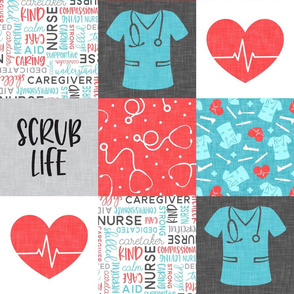 Scrub life - nursing patchwork - red/ blue -   LAD20
