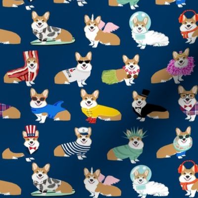 corgi costume fabric - corgis in costumes, corgi fabric, corgi design, dog fabric -  navy