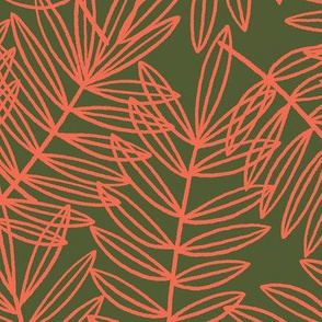 Tropical Palm Leaves in Neon Coral and Olive Green