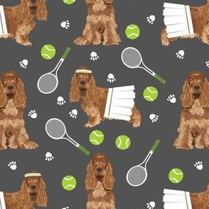 cocker spaniel tennis fabric - cute dog fabric, cocker spaniel fabric, tennis fabric, tennis ball -  charcoal