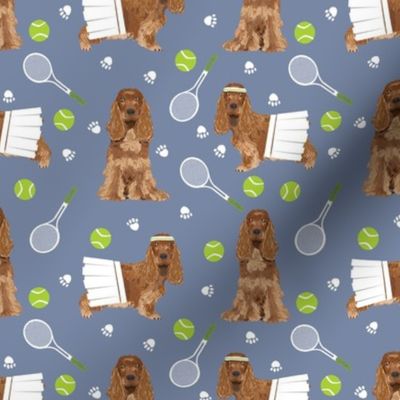 cocker spaniel tennis fabric - cute dog fabric, cocker spaniel fabric, tennis fabric, tennis ball - medium blue
