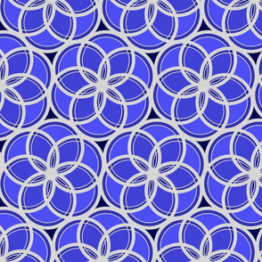 Silver Foil Floral Circles Geometric Nature in Blue Tile