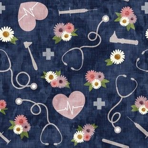 floral nurse melody - nursing - syringe, ekg, stethoscope -  mauve and blue - LAD20