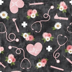 floral nurse melody - nursing - syringe, ekg, stethoscope -  pink/grey - LAD20