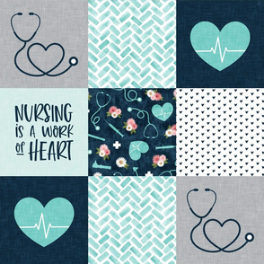 Nursing is a work of heart - Nurse patchwork wholecloth - teal/blue - LAD20