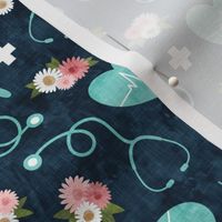 floral nurse melody - nursing - syringe, ekg, stethoscope -  teal and blue - LAD20