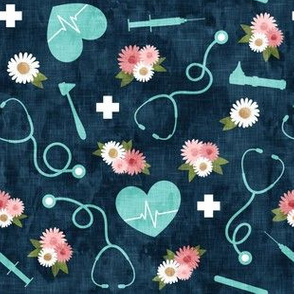 floral nurse melody - nursing - syringe, ekg, stethoscope -  teal and blue - LAD20