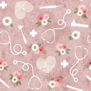 floral nurse melody - nursing - syringe, ekg, stethoscope - fading rose - LAD20