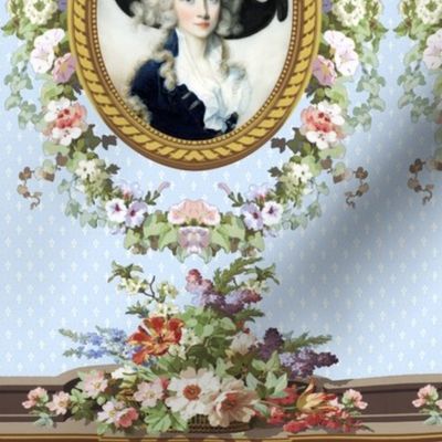 2 light blue Marie Antoinette inspired black riding habit jacket dress baroque victorian blue big feathers beautiful lady woman flowers floral roses hat leaves bows ribbons medallion oval frames drops swags hanging bouquet garland wreath basket swags vint