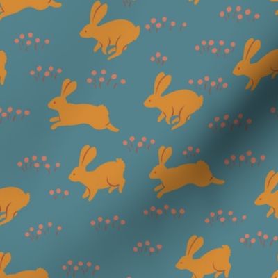 Quilter’s Rabbits in Gold on Teal