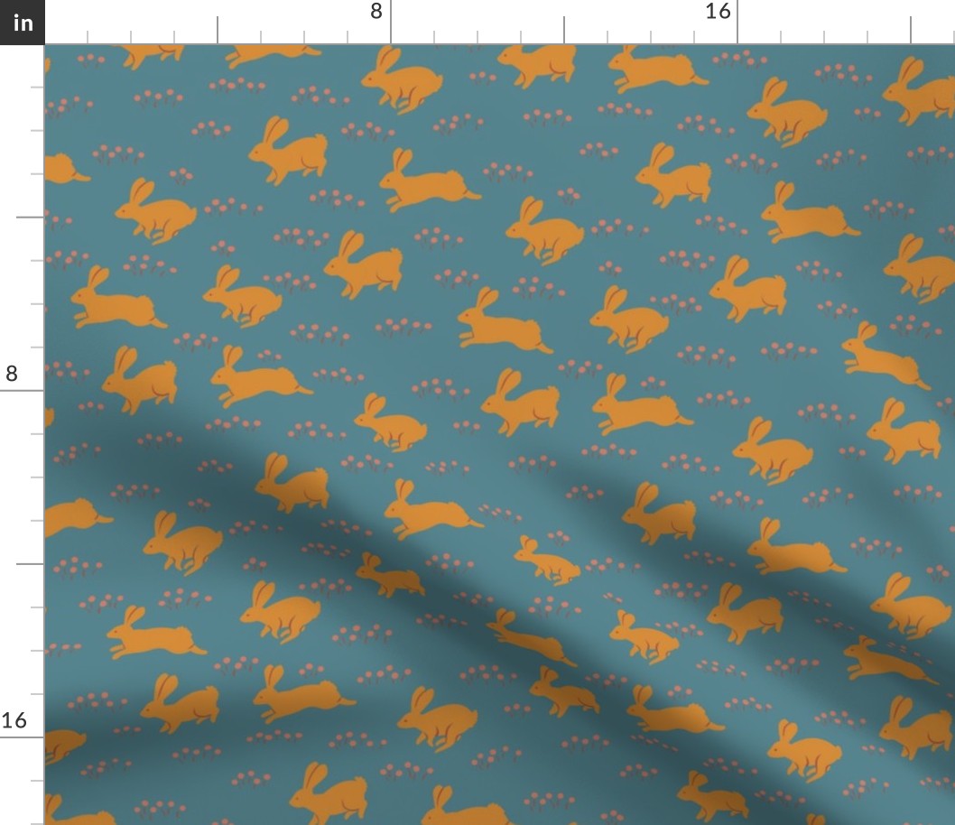 Quilter’s Rabbits in Gold on Teal