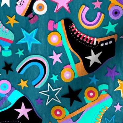 Stars and Skates Roller Rink Party on Teal - large print