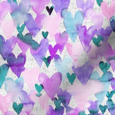hearts purple & turquoise watercolor linnen structure