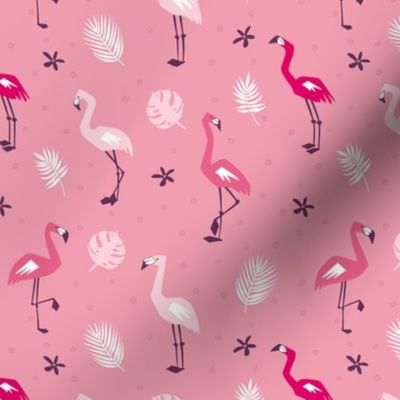 Pink Flamingo with tropical leaves on pink 