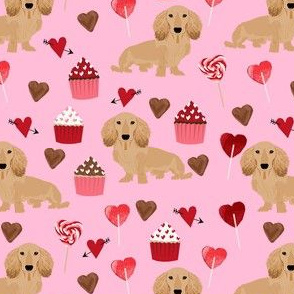 longhaired doxie fabric - dachshund design, longhaired doxie fabric, valentines fabric, cupcakes dogs fabric