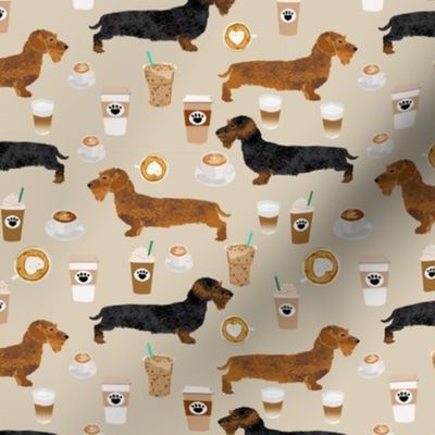 wirehaired doxie coffee fabric - wirehaired dachshund fabric, dog fabric, coffee fabric, coffee lover fabric 