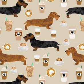 wirehaired doxie coffee fabric - wirehaired dachshund fabric, dog fabric, coffee fabric, coffee lover fabric 