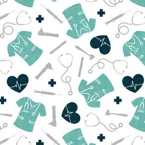 Nursing fabric - nurse scrubs, syringe, ekg, stethoscope, Otoscope - teal - LAD20