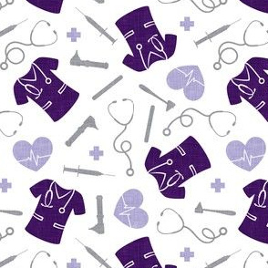 Nursing fabric - nurse scrubs, syringe, ekg, stethoscope, Otoscope - purple - LAD20