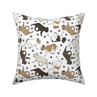 Trotting French Bulldogs and paw prints - white