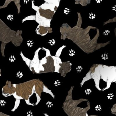 Trotting brindle French Bulldogs and paw prints - black