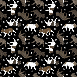 Trotting brindle French Bulldogs and paw prints - black