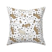 Trotting fawn French Bulldogs and paw prints - white