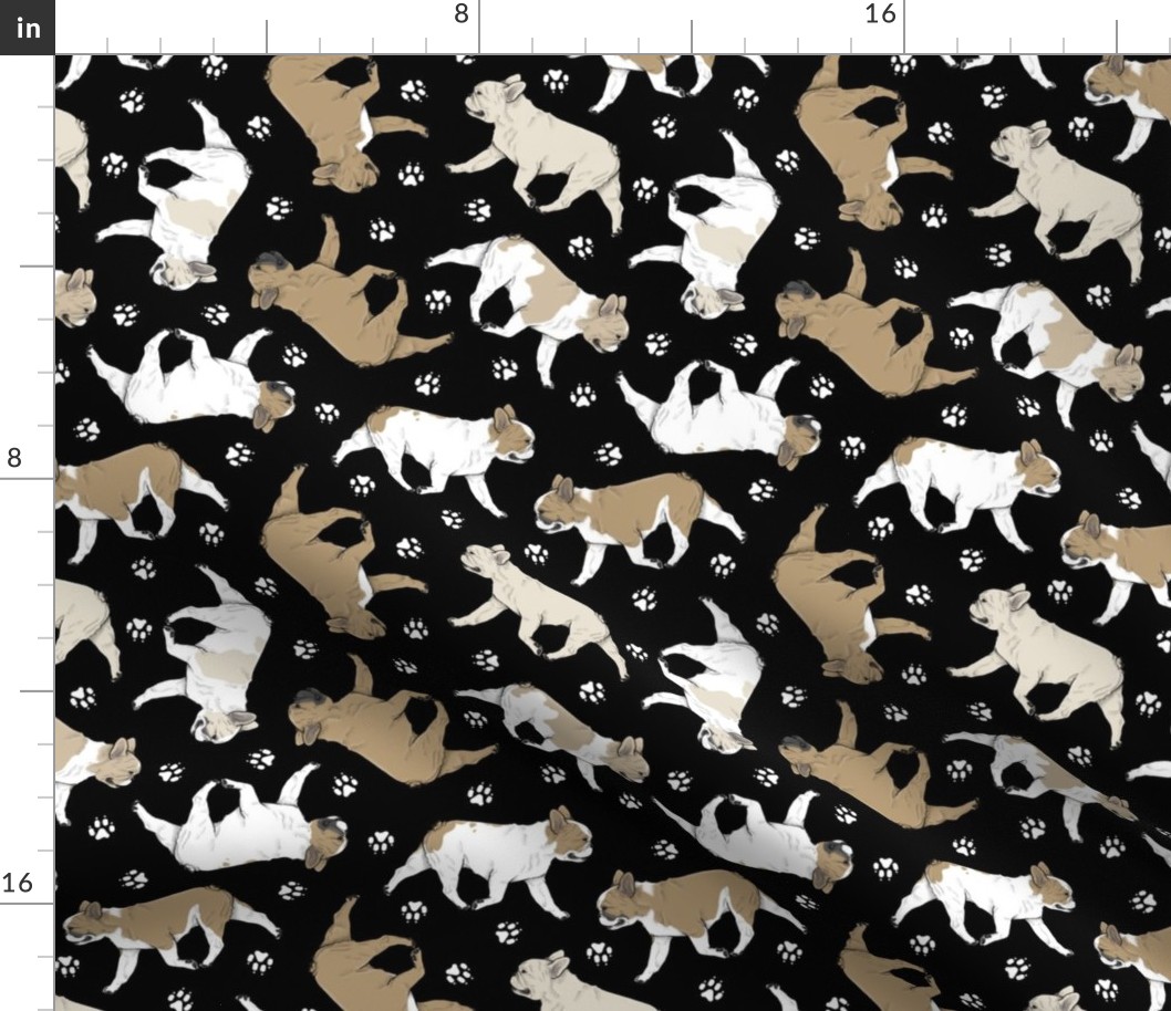 Trotting fawn French Bulldogs and paw prints - black