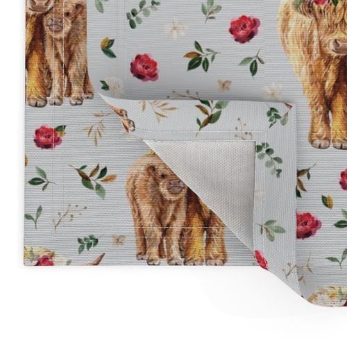 red rose magnolia Scottish highland cow floral