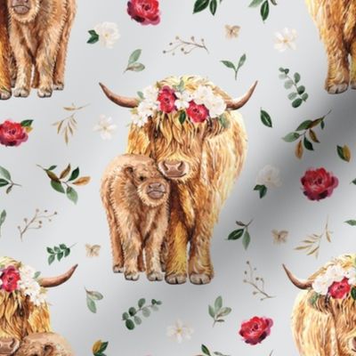 red rose magnolia Scottish highland cow floral