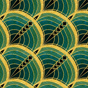 Gold Foil Art Deco Slanted Wave Cyan and Teal Tile