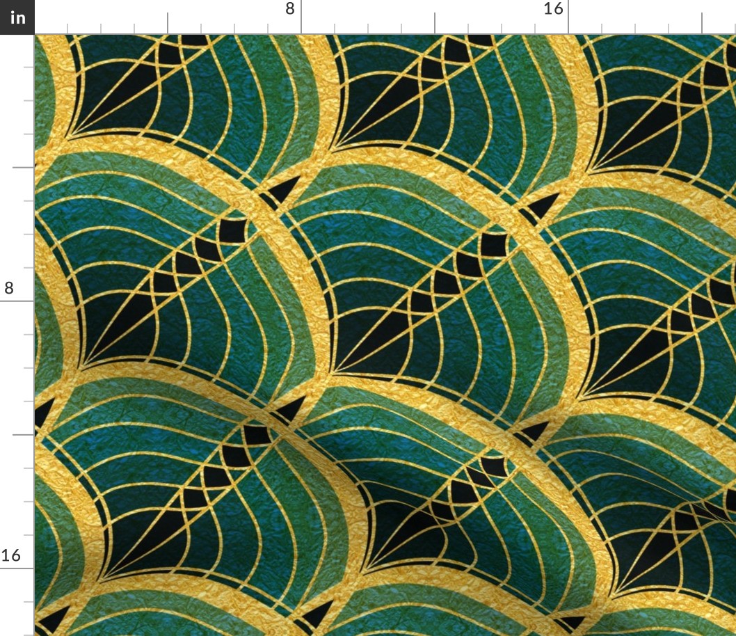 Gold Foil Art Deco Slanted Wave Cyan and Teal Tile