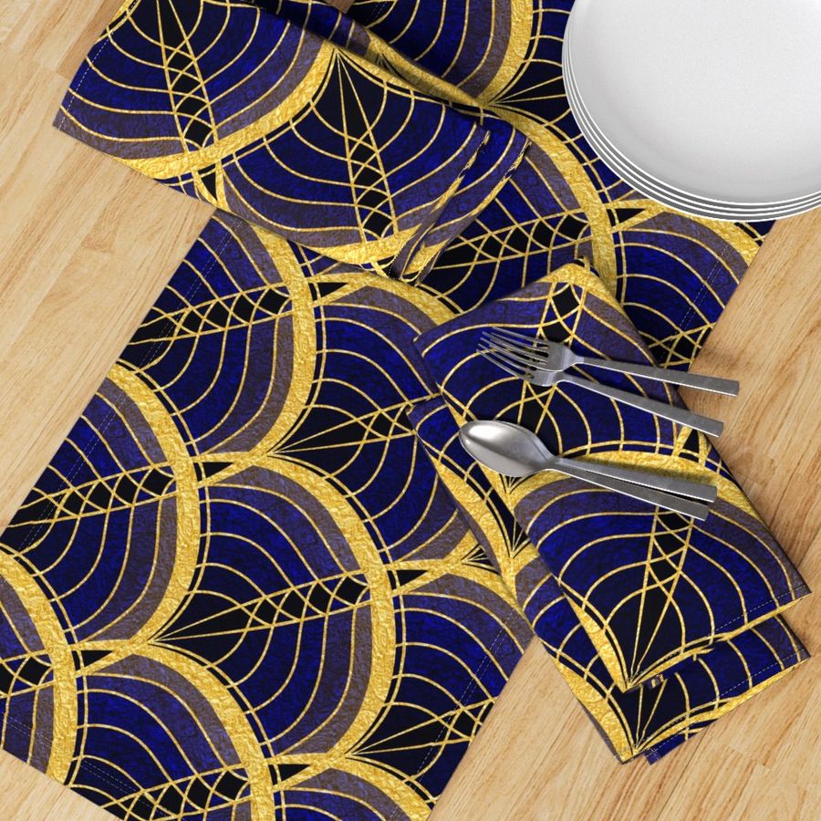 Gold Foil Art Deco Slanted Wave Deep Blue Tile