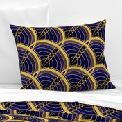 Gold Foil Art Deco Slanted Wave Deep Blue Tile