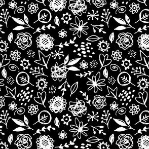  flowers leaves abstract doodle hand drawn lines scandinavian style white black background. fashion print, trend of the season 