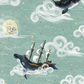 9 inch whales and narwhal tall ship and clouds in night sky,  jade  Whimsical Wonderland of mint / moon and stars, nursery, gender neutral baby,  home decor