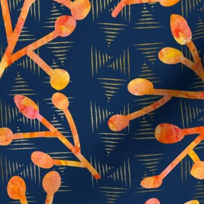 Watercolor Coral Berries on Abstract Print with Navy Background